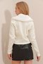 Women's Cream Collar Fur Detailed Openwork Knitwear Crop Cardigan ALC-X9539 - 5