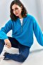 Women's Turquoise Collared Knitted Turtleneck Striped Sweater 20223207 - 5