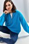 Women's Turquoise Collared Knitted Turtleneck Striped Sweater 20223207 - 6