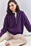 Women's Purple Collared Knitted Sweater with Hole Detail and Stripes 20223207 - 5