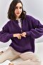 Women's Purple Collared Knitted Sweater with Hole Detail and Stripes 20223207 - 6