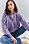Women's Lilac Collar Knitted Sweater with Hole Detail and Stripes 20223207 - 2