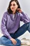 Women's Lilac Collar Knitted Sweater with Hole Detail and Stripes 20223207 - 5