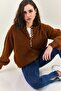 Women's Brown Collared Knitted Turtleneck Striped Sweater 20223207 - 6