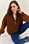 Women's Brown Collared Knitted Turtleneck Striped Sweater 20223207 - 7