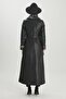 Leather Long Coat with Fur Detail - 4