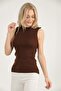 Women's Brown Self-Collared Zero Sleeve Ribbed Stretchy Knitwear Sweater - 3