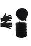 Men's Black Winter Thermal Fleece Gloves & Fleece Beanie with Headphones & Drawstring Fleece Neck Collar Set of 3
