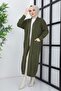 Women's Khaki Knit Patterned Pocket Knitwear Cardigan