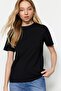 Siyah %100 Pamuk Basic Bisiklet Yaka Örme T-Shirt TWOSS23TS00000 - 5