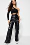 Siyah Suni Deri Wide Leg/Geniş Paça Nervürlü Yüksek Bel Pantolon TWOSS23PL00131