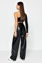 Siyah Suni Deri Wide Leg/Geniş Paça Nervürlü Yüksek Bel Pantolon TWOSS23PL00131 - 5