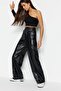 Siyah Suni Deri Wide Leg/Geniş Paça Nervürlü Yüksek Bel Pantolon TWOSS23PL00131 - 3