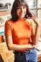 Women's Orange Stand Collar Thick Ribbed Lycra Crop Blouse BLZ-19002075 - 3