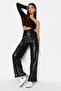 Siyah Suni Deri Wide Leg/Geniş Paça Nervürlü Yüksek Bel Pantolon TWOSS23PL00131 - 2