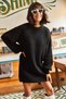 Women's Black Crew Neck Balloon Sleeve Soft Textured Knitwear Tunic Dress ELB-19001802 - 5