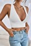 Kadın Beyaz Çapraz Sırt Detaylı Şık Crop Top Bluz - 3
