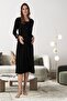 Women's Black Patterned Long Sleeve Cotton Maternity Maternity Dressing Gown, Pajama Set, Nightgown Set - 3