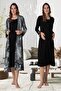 Women's Black Patterned Long Sleeve Cotton Maternity Maternity Dressing Gown, Pajama Set, Nightgown Set - 5