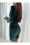 Flexible Green Velvet Fabric Gathering Detailed Evening Dress & Graduation Dress 582011 716 - 2