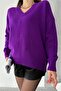 Women's Purple V-Neck Standard Size Oversize Basic Knitwear Sweater