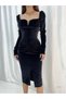 Flexible Velvet Fabric, Low-cut Chest, Open Back Slit Detailed Midi Length Evening Dress 582275 719 - 3