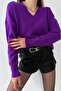 Women's Purple V-Neck Standard Size Oversize Basic Knitwear Sweater - 3