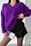 Women's Purple V-Neck Standard Size Oversize Basic Knitwear Sweater - 4