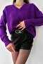 Women's Purple V-Neck Standard Size Oversize Basic Knitwear Sweater - 6