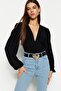 Siyah Balon Kol V Yaka Fitted/Vücuda Oturan Esnek Çıtçıtlı Örme Body TWOSS23BD00030 - 3