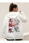 Women's White Hooded Sweatshirt Japanese Dragon Back Print