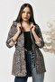 Women's High Collar Leopard Patterned Midi Size Raincoat with Pockets - 6