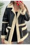 Furry Leather Coat with Pocket Detail - 2