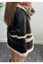 Furry Leather Coat with Pocket Detail - 5