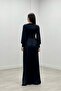 Satin Fabric Degaje Collar Evening Dress - Black - 5