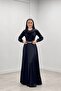 Satin Fabric Degaje Collar Evening Dress - Black - 2