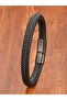 Black Leather Classic Mesh Steel Interlocking Bracelet