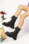 Kç Women's Black Leather Thick Sole Detailed Lace Up Long Suede Boots - 3