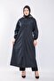 Plus Size Full Length Button Detailed Waterproof Bondit Hooded Trench - Navy Blue