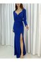 New Season Long Sleeve Blue Color Slit Belted Long Evening Dress and Graduation Dress 714 582256 - 4