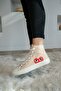 Women's Beige Linen Heart Printed High Top Sneakers - 5