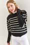 Women's Black Beige Cufflink Striped Knitwear Sweater 20223251