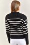 Women's Black Beige Cufflink Striped Knitwear Sweater 20223251 - 3