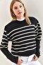 Women's Black Beige Cufflink Striped Knitwear Sweater 20223251 - 5