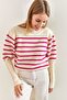 Women's White Fuchsia Cufflinks Striped Knitwear Sweater 20223251 - 2