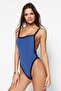 Blue Square Collar Color Block High Leg Swimsuit TBESS23MA00048