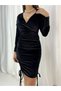 Women's Black Double Breasted Collar Gathered Velvet Fabric Graduation Wedding Wedding Dress