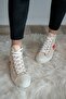 Women's Beige Linen Heart Printed High Top Sneakers - 2