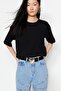 Siyah Relaxed/Rahat Kalıp %100 Kalın Pamuklu Crop Örme T-Shirt TWOSS23TS00038 - 3