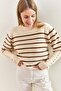 Women's White Brown Cufflink Striped Knitwear Sweater 20223251 - 4